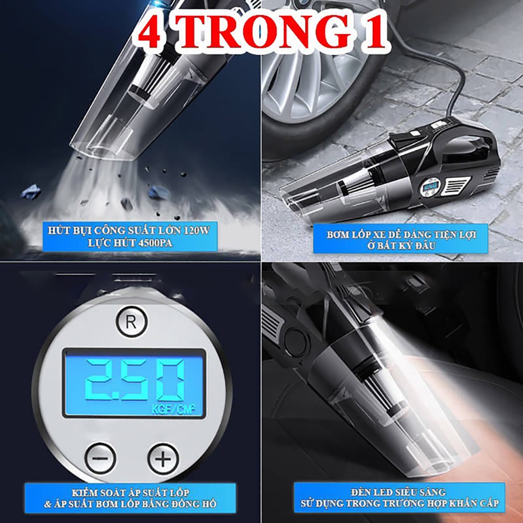 Máy hút bụi kèm bơm lốp ô tô siêu khỏe 120w chính hãng Aikesi, kiểm tra áp suất lốp, màn hình điện tử