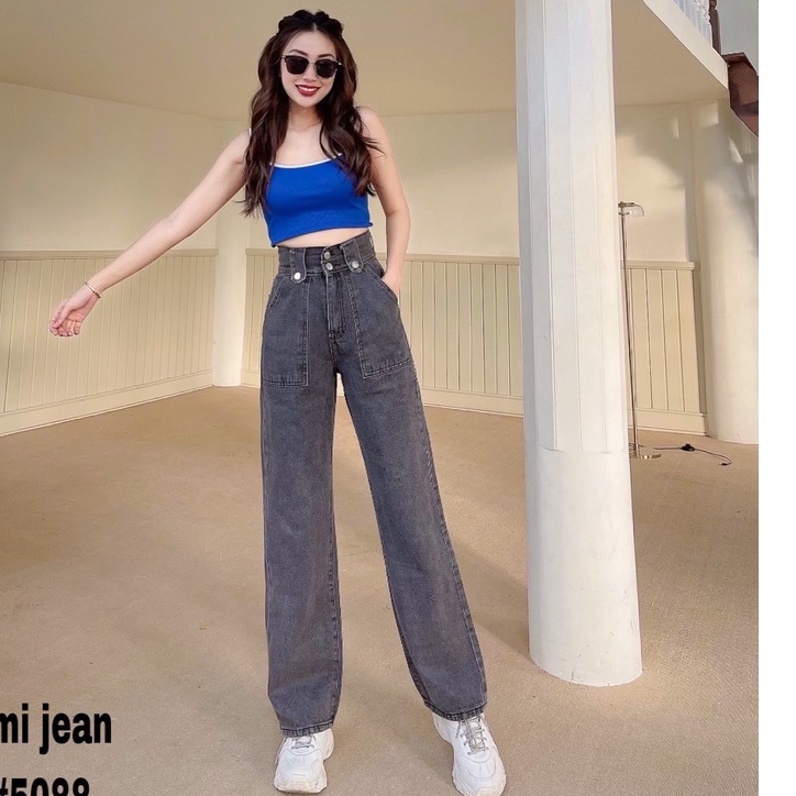 [ VIDEO+FREESHIP ] QUẦN JEAN ỐNG RỘNG NỮ LƯNG CAO 2 NÚT 2 TÚI TRƯỚC ĐĨA TO MÀU XÁM NHẠT LAI CUỐN MỀM MỊN MÁT BỀN BỈ NITI