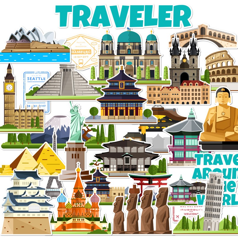 25 Pieces Of World Tourist Attractions Pattern Logo Stickers Luggage Stickers Wall Door Decoration