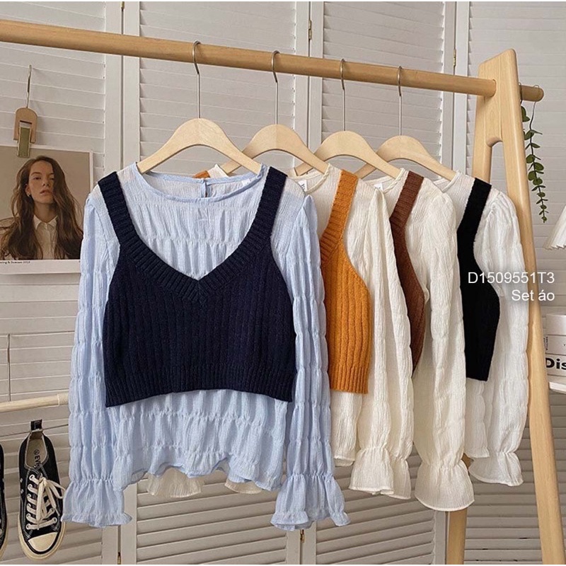 Set áo sơ mi kiểu cổ tròn bo phối áo len croptop hàng QC!