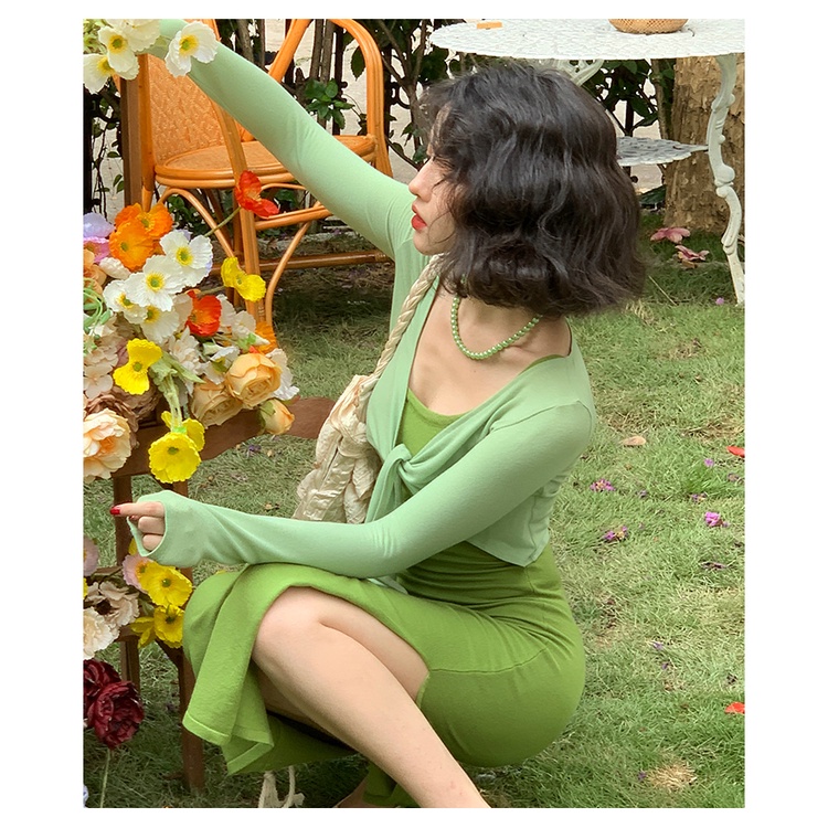 Set Áo Khoác Mỏng + Váy 2 Dây Body Xẻ Hông Sling Dress Style Retro Cho Nữ