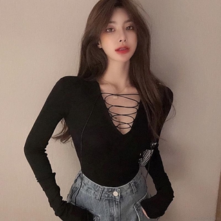 Áo thun tay dài cổ chữ v thiết kế dây đan chéo phong cách Hàn Quốc