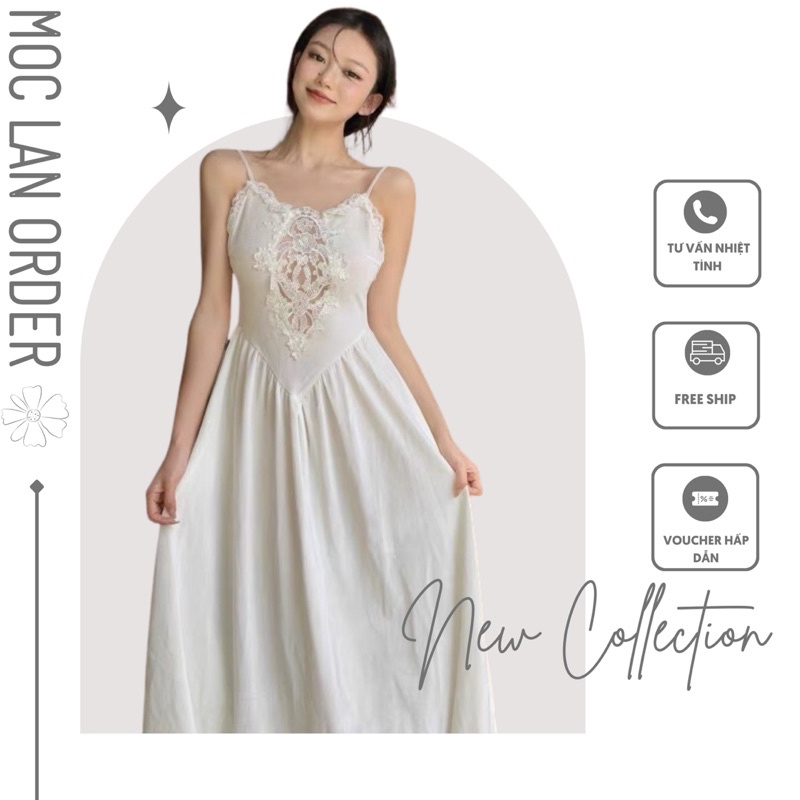 (MộcLan ORDER) Đầm hai dây maxi cổ V phối ren họa tiết hoa văn kiểu Pháp xòe dài đơn giản vintage - hàng chuẩn