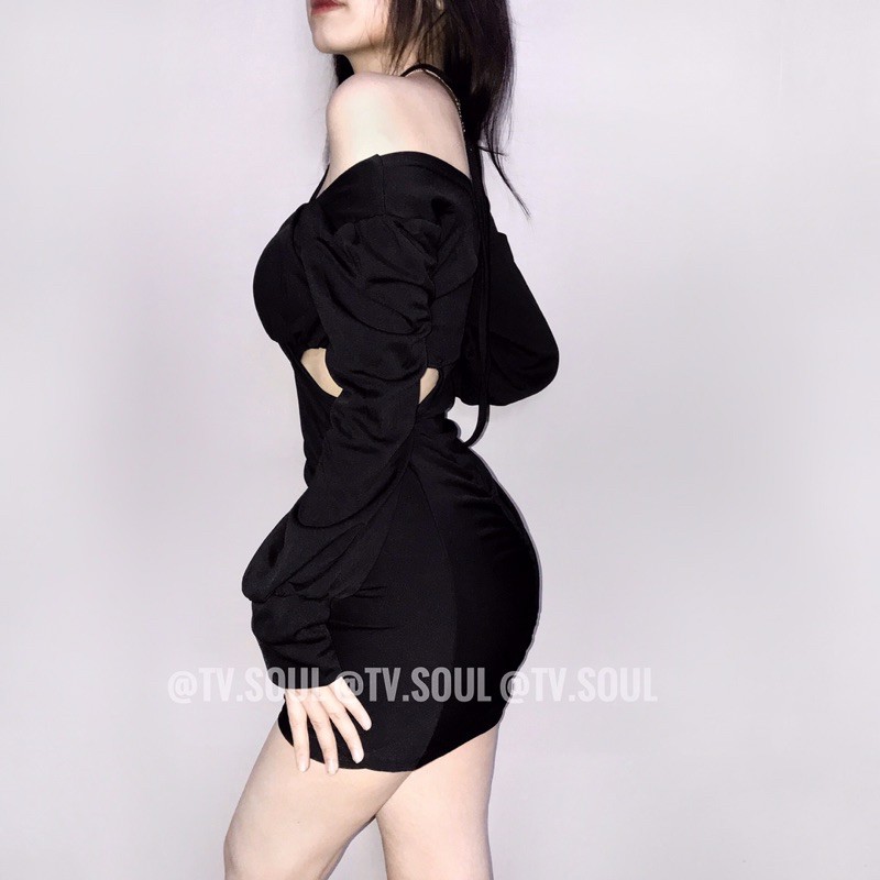 Đầm body tay phồng nơ