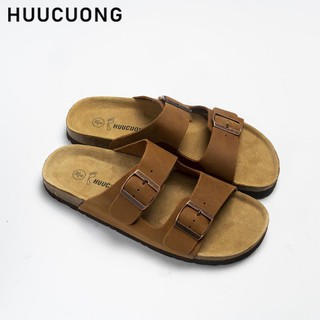 Dép unisex HUUCUONG 2 Khóa Da Thật Màu Nâu Đế Trấu