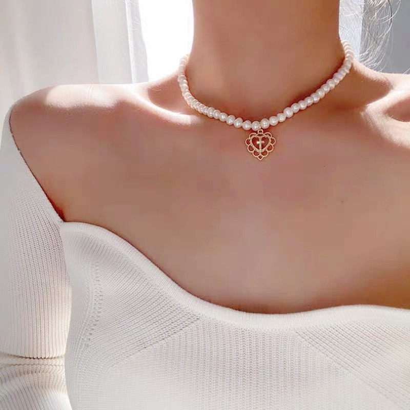 【JIHE】Vòng cổ Mặt Hình Trái Tim Rỗng Phong Cách retro Thời Trang
