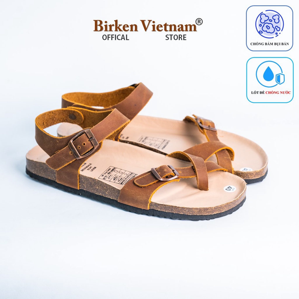 [ Lót Chống Nước ] DK14 - Sandal Birken Đế Trấu, Dép Da Bò Unisex Nam và Nữ Quai xỏ ngón Bioline và