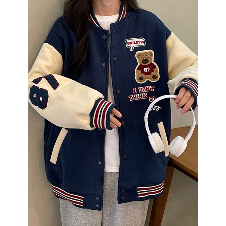 Áo khoác bóng chày ZHELIHANGFEI dáng rộng in hình gấu phong cách hip hop thời trang cá tính