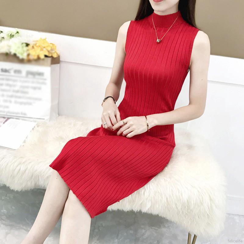 Round Neck Knit Women Slit Dress Novel Chic Solid Color Sleeveless Knee-length