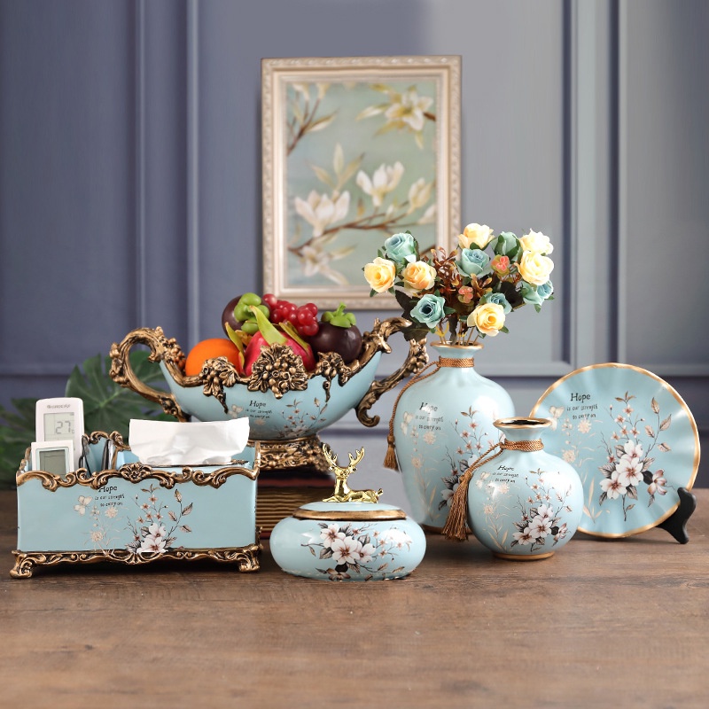 Bộ đĩa đựng hoa quả, hộp khăn giấy, bình hút lộc cắm hoa decor bàn ăn phong cách châu âu họa tiết vẽ tay