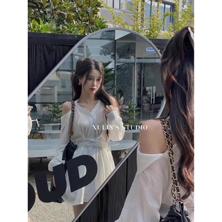 SET ĐẦM SƠ MI CUT OUT VAI CHÉO EO + SHORT [kèm ảnh thật ]