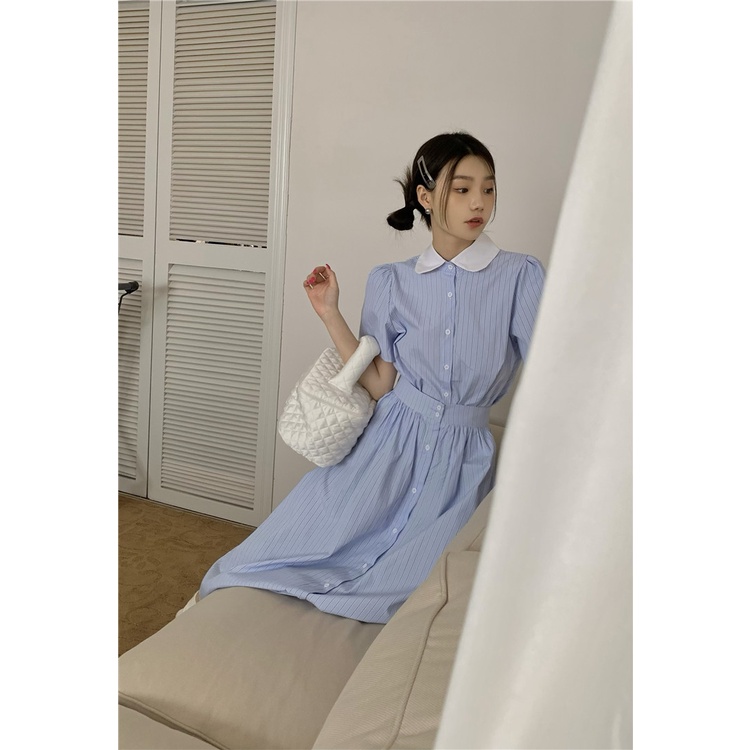 Miss Zhishi ~ Màu tương phản Ve áo phồng tay Áo sơ mi ngắn tay sọc + Bộ chân váy có ô khoét ngực
