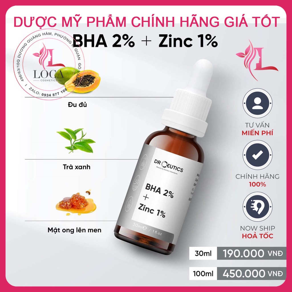 [SẴN] Serum BHA 2% + Zinc 1% DrCeutics giảm mụn se khít lỗ chân lông