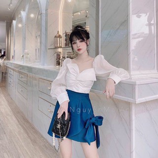 Sét áo xoắn ngực tay phồng và chân váy siêu hot
