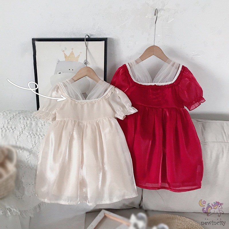 Đầm Công Chúa Vải Satin Tay Phồng Kiểu Hàn Quốc Xinh Xắn Cho Bé Gái