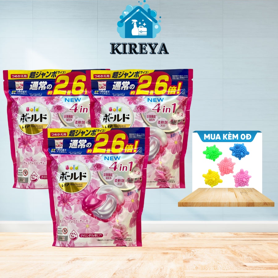 Combo 3 túi viên giặt xả Gel Ball Bold 4D túi 31 viên màu hồng kireya
