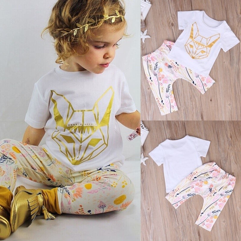Bộ Đồ Gồm 2 Món Áo Thun In Hình Cáo + Quần Hoa Dành Cho Bé Gái 1-6 Tuổi