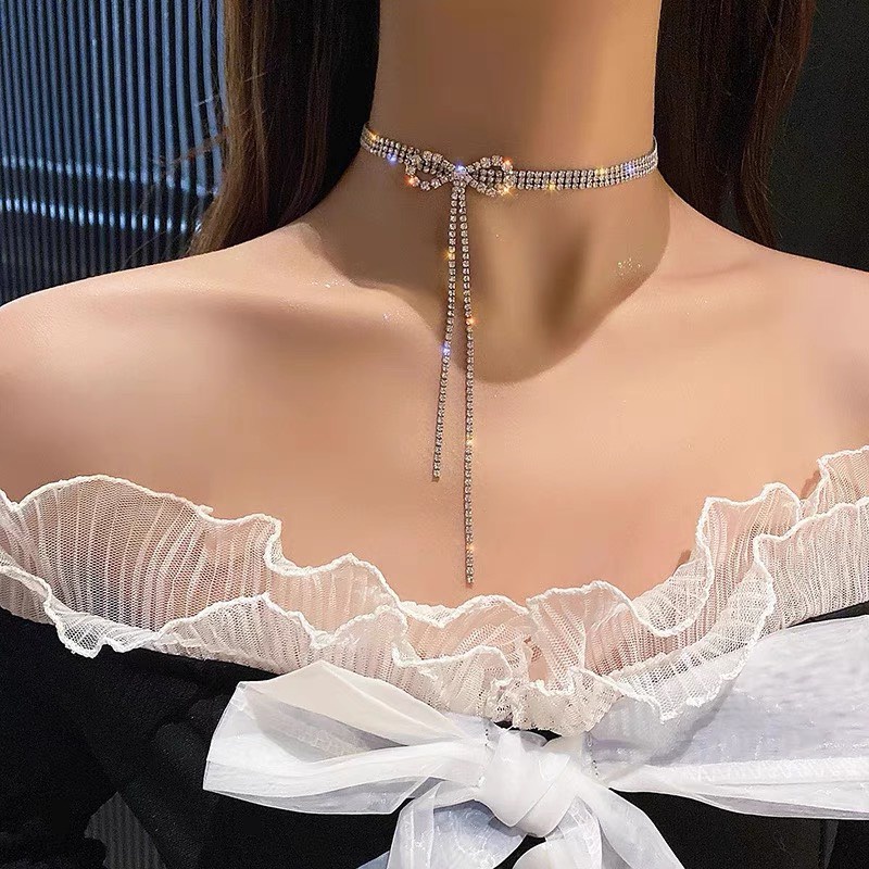 Choker nạm đá hình nơ Trang sức phụ kiện dự lễ lấp lánh sang trọng