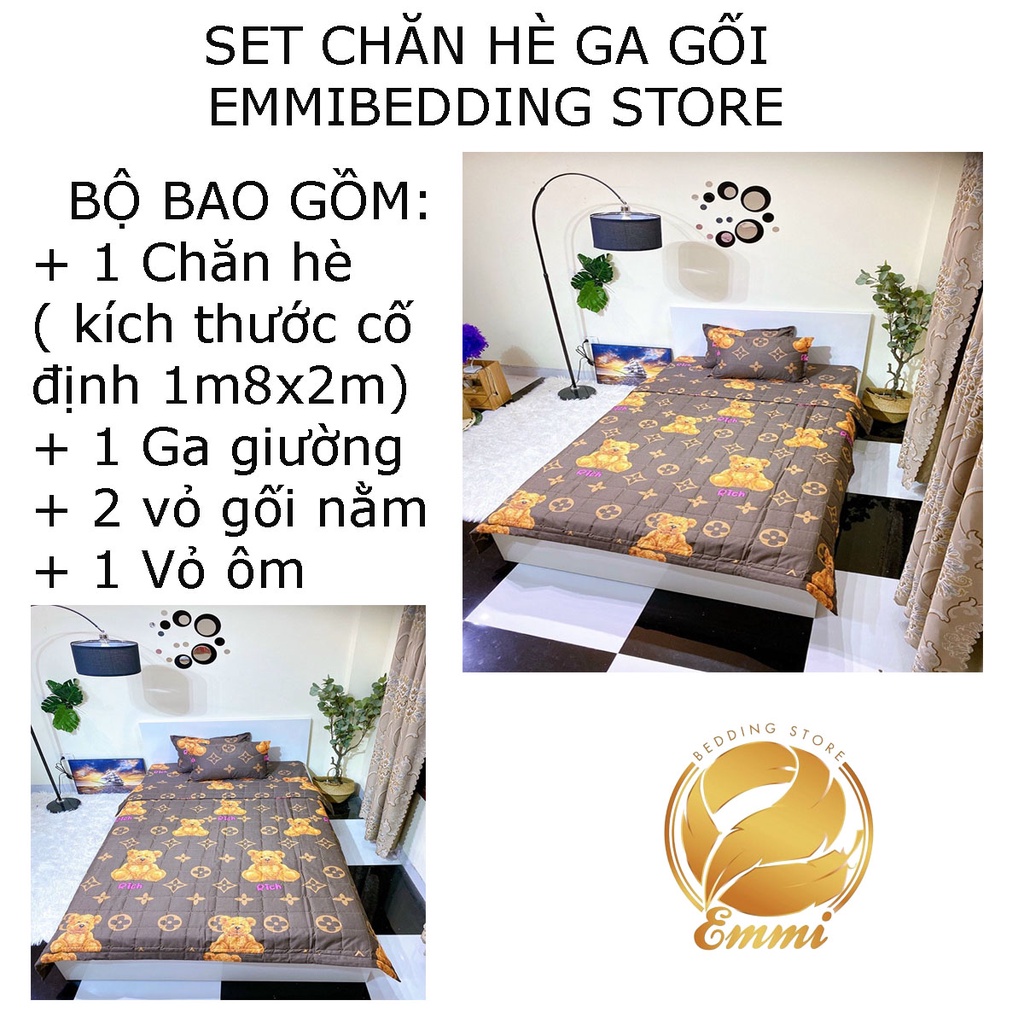 Set ga gối chăn hè chần bông Cotton 5 món EMMIBedding, mẫu Gấu nâu mền cotton họa tiết đáng yêu