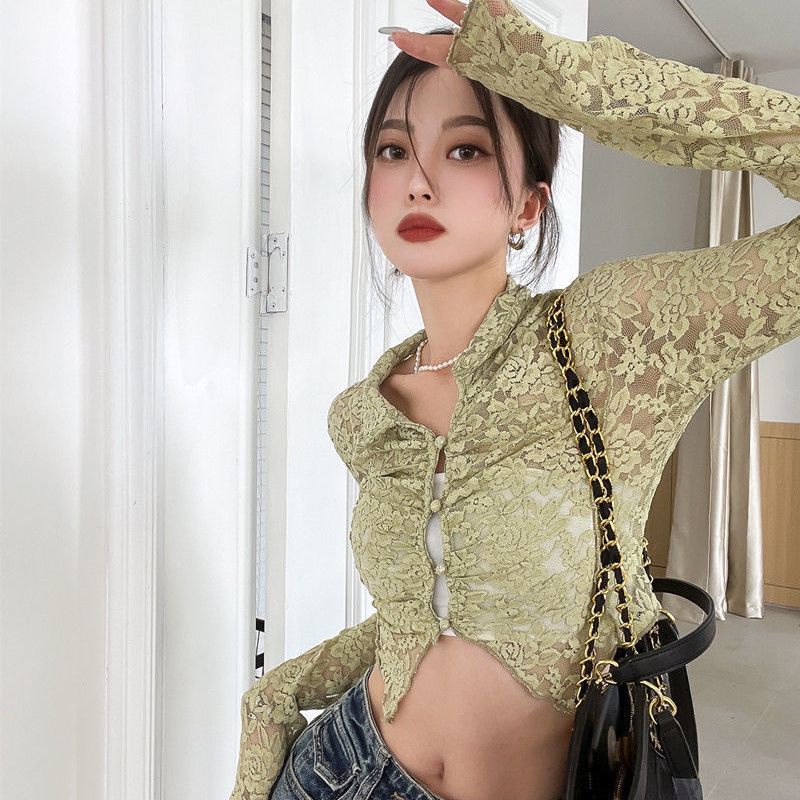 COZOK Áo sơ mi kiểu COZOK tay dài phối ren hoa thời trang xinh xắn dành cho nữ