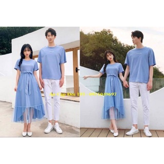 Áo đôi: Váy thun phối lưới kèm thắt lưng + Áo thun nam cổ tròn