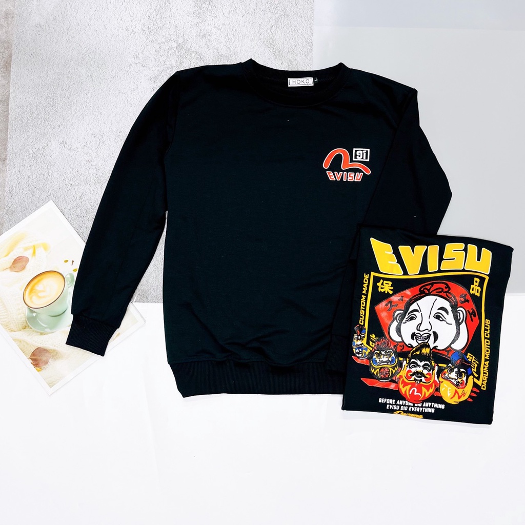 Áo Thun EVISU SWEATER Tay Dài Thu Đông Vải Nỉ Da Cá Cao Cấp Siêu Mềm Phong Cách Cá Tính Ullzang Hot Trend Mới