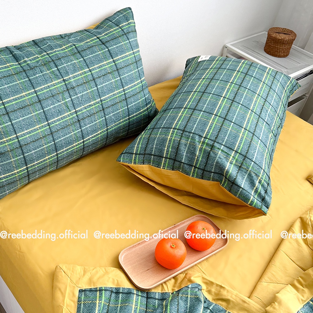 Bộ chăn ga gối chần bông Cotton TC REE Bedding caro xanh lá đủ sỉ giường nệm CTC156