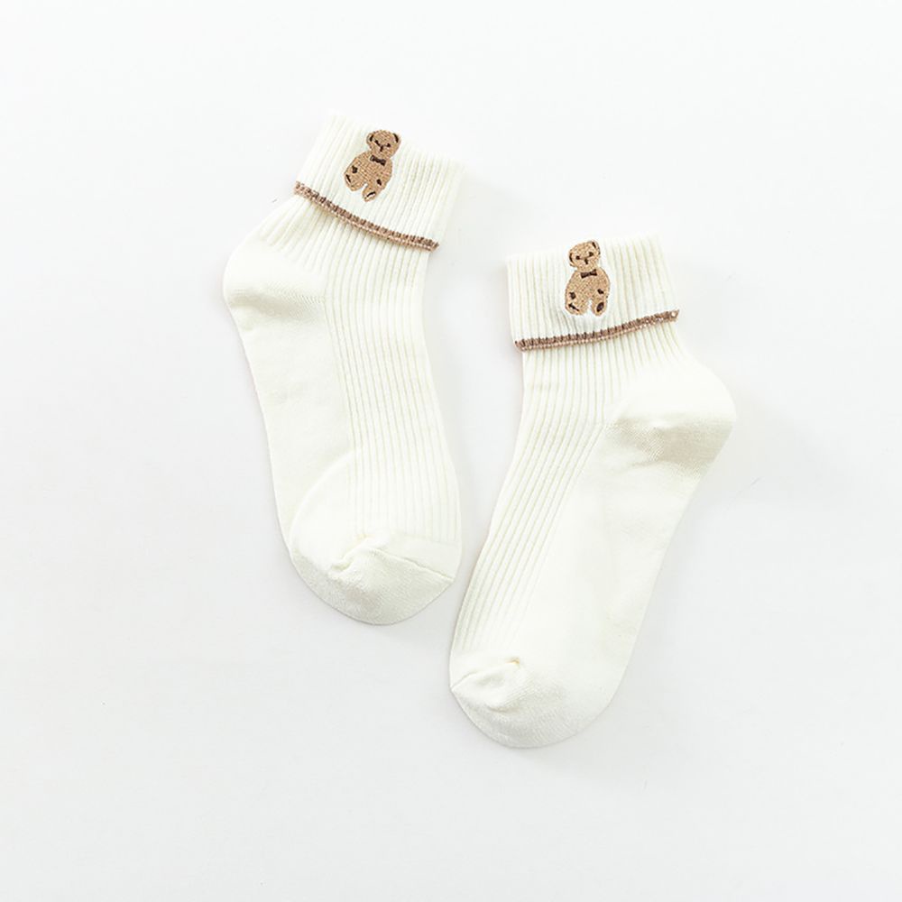Vớ Cotton Cổ Cao Thoáng Khí Màu Trơn Thêu Hình Gấu Dễ Thương Cho Nữ