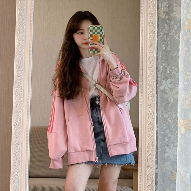 Áo khoác sweater XINLANYASHE lông cừu dày có khóa kéo màu hồng hợp thời trang dành cho nữ sinh