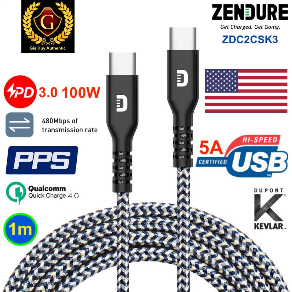 Cáp bện nylon chống đạn sạc Mabook Pro, iPad Pro, S20, Note 20 Ultra 5G ZENDURE USB-C ra USB-C SuperCord 100W dài 1m
