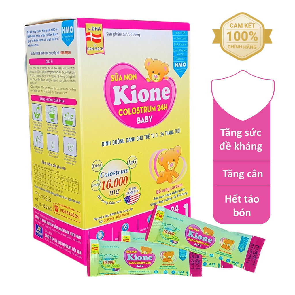 Sữa non cho trẻ sơ sinh KiOne 16.000 mg Colostrum - Tăng sức đề kháng, ăn ngon, tiêu hóa tốt (hộp 24 gói)
