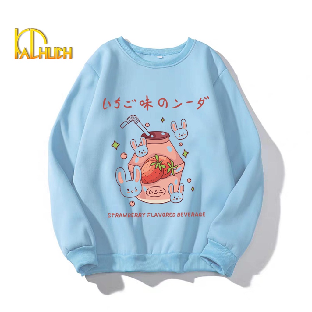 ÁO SWEATER NỈ NỮ IN STRAWBERY FLAVORED BEVERAGE KÈM CLIP THẬT ĐỦ SIZE M L XL