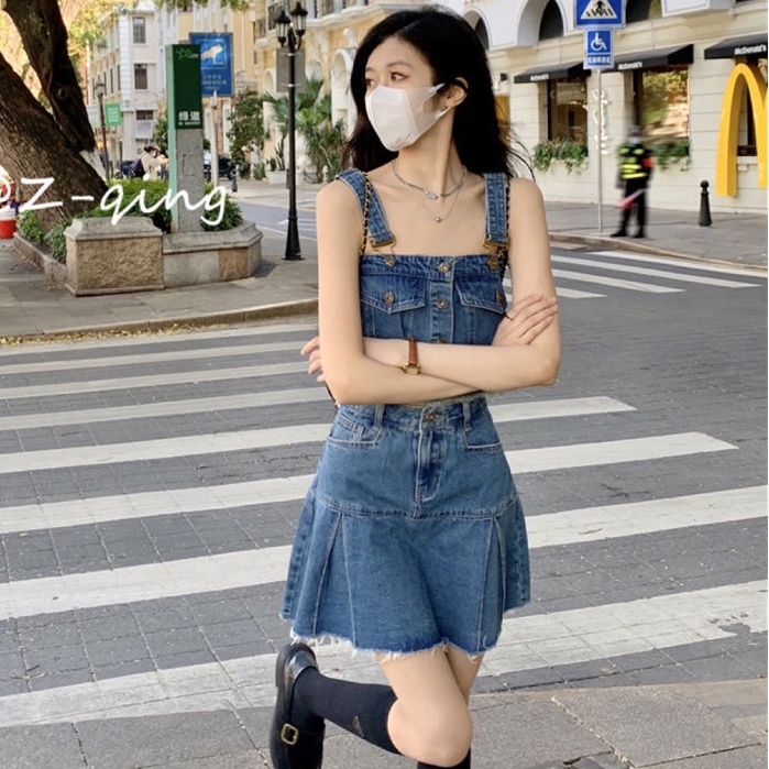 Set Áo Hai Dây Phối Chân váy jean Chữ A Lưng Cao Thời Trang Hàn Quốc Cá Tính Cho Nữ