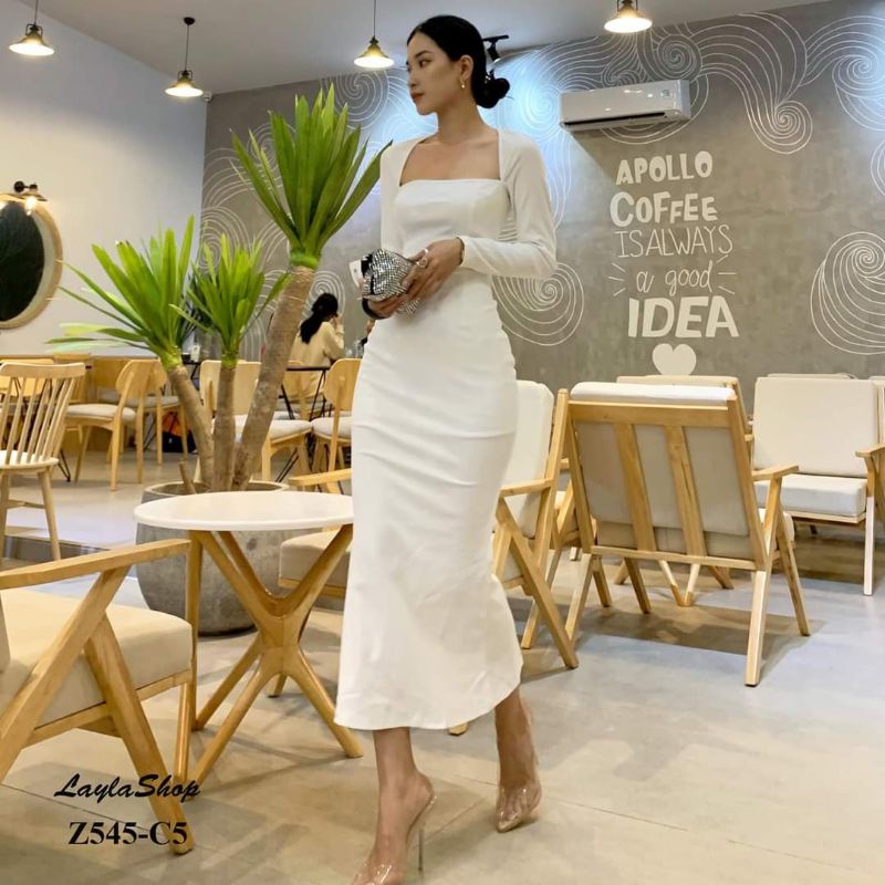 Đầm cá tay dài cổ vuông ôm body