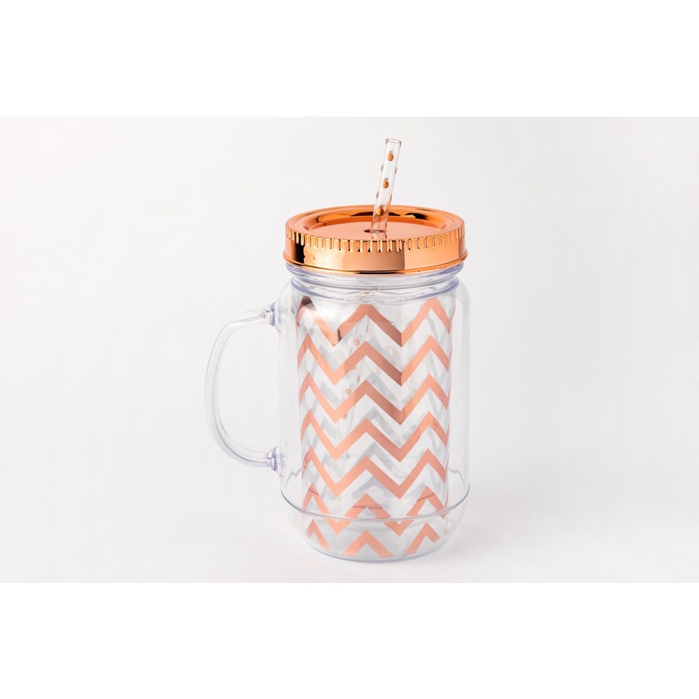 Cốc Uống Nước ARTBOX Hàn Quốc Có Nắp Đậy Và Ống Hút Họa Tiết Zigzag Rose Gold Lấp Lánh