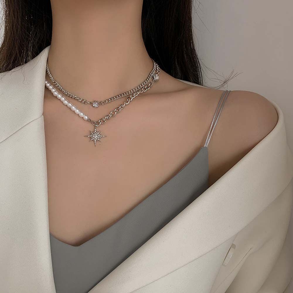 Vòng cổ choker hai lớp đính hạt ngọc trai hình ngôi sao phong cách Hàn Quốc cho nữ