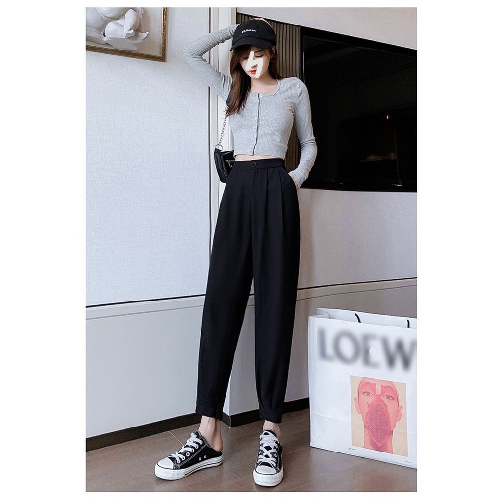 Quần Baggy Nữ Lưng Thun Cạp Cao Khóa Gấu Công Sở Trẻ Trung Thanh Lịch Đen/nâu Tây
