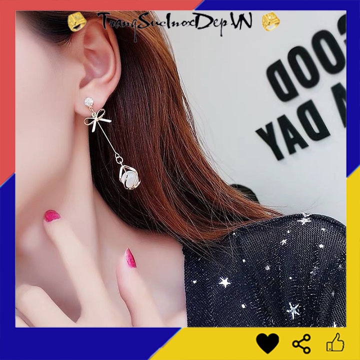 Bông tai nữ kiểu nơ màu vàng rớt đs mắt mèo phong cách Hàn Quốc dễ thương thích hợp đi dự tiệc, số lượng 1 đôi