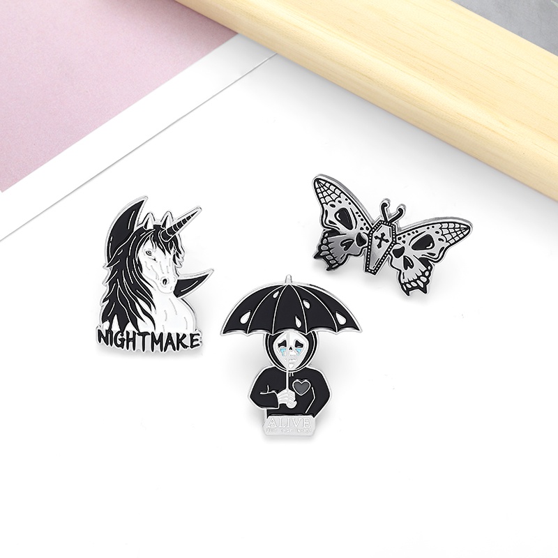 Nightmare Enamel Pin Custom Horse Umbrella Skeleton Butterfly Brooch Bag Clothes Lapel Pin Gothic Badge Jewelry Gift for Friends