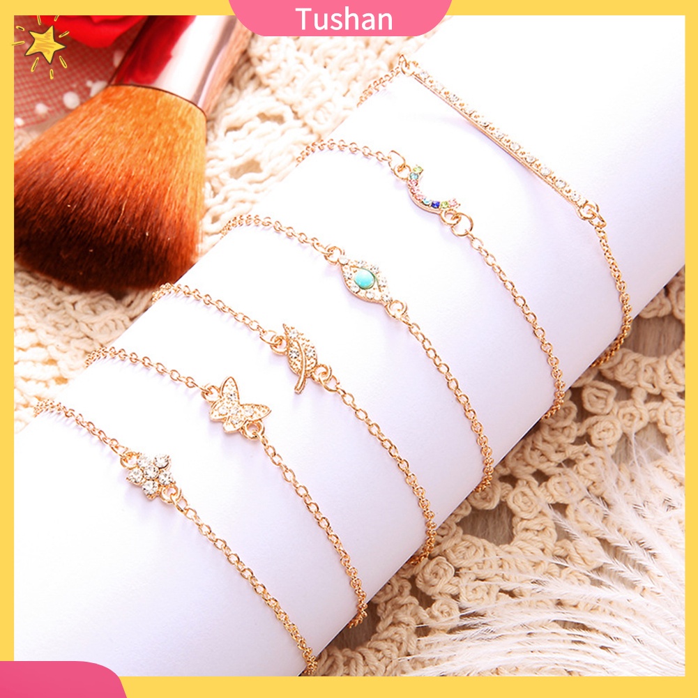 TUSH_6Pcs/Set Butterfly Leaf Evil Eye Charm Rhinestone Inlaid Women Bangle Bracelet