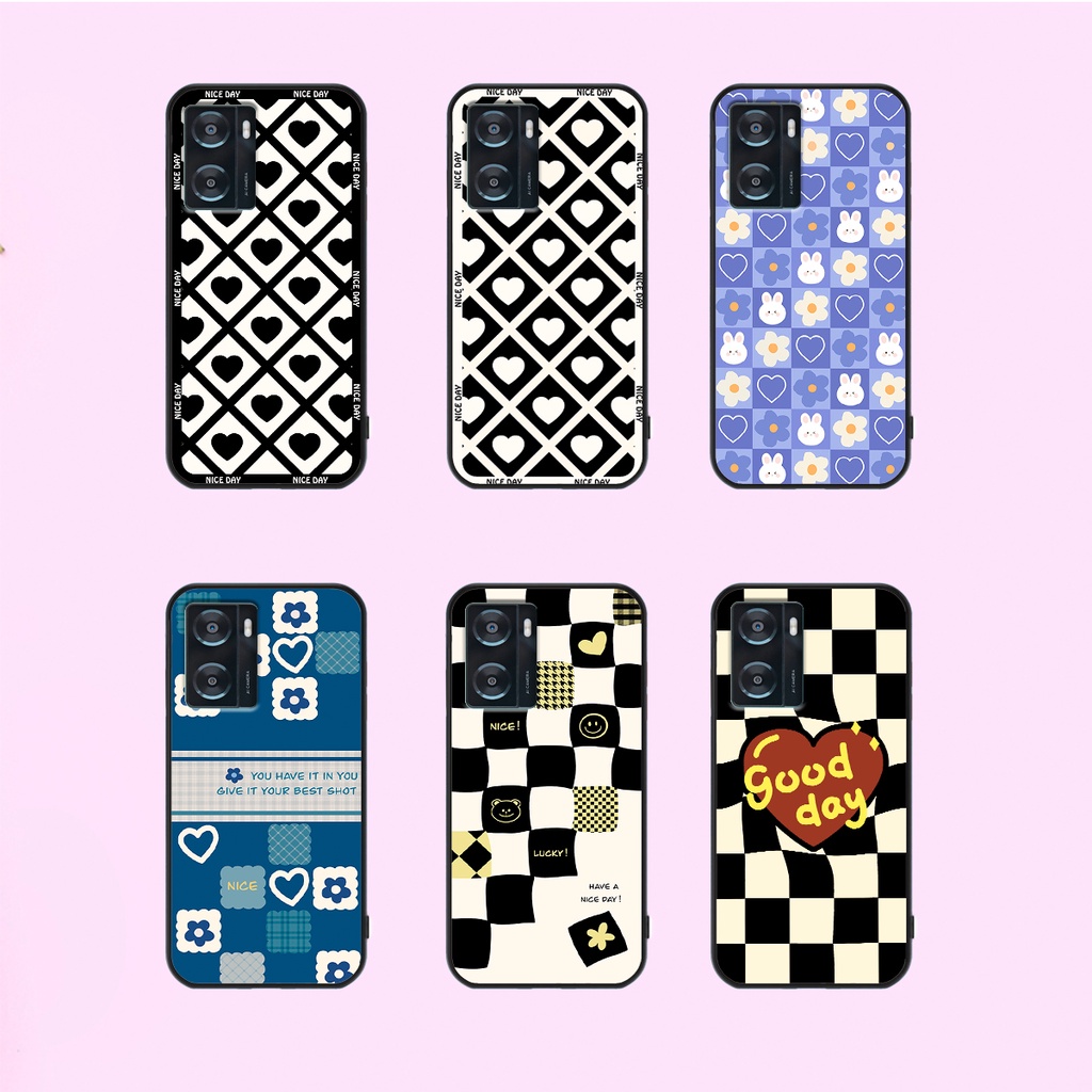 Ốp lưng Oppo A57 2022 in hoạ tiết caro trái tim đen trắng, gấu bear cute đáng yêu