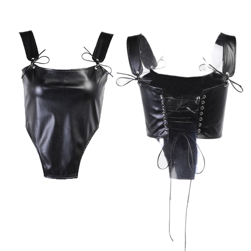 Áo Corset Da PU Hở Lưng Cột Dây Gợi Cảm Cho Nữ