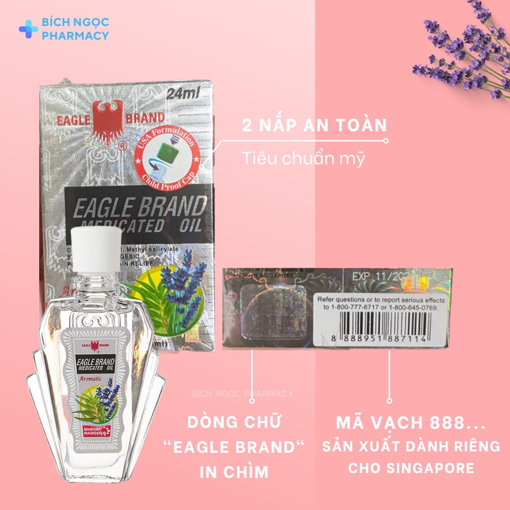 Dầu Xanh Con Ó 2 Nắp Singapore Eagle Brand chính hãng Mỹ Lavender/ Bạc Hà 24ml
