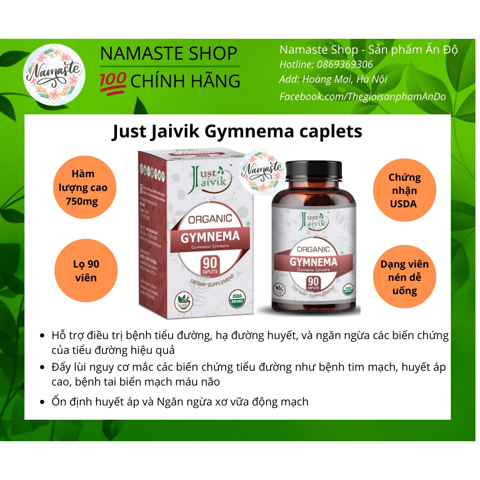 Viên uống hữu cơ hỗ trợ bệnh tiểu đường, ổn định huyết áp - Just Jaivik Gymnema (cây thìa canh) 750mg