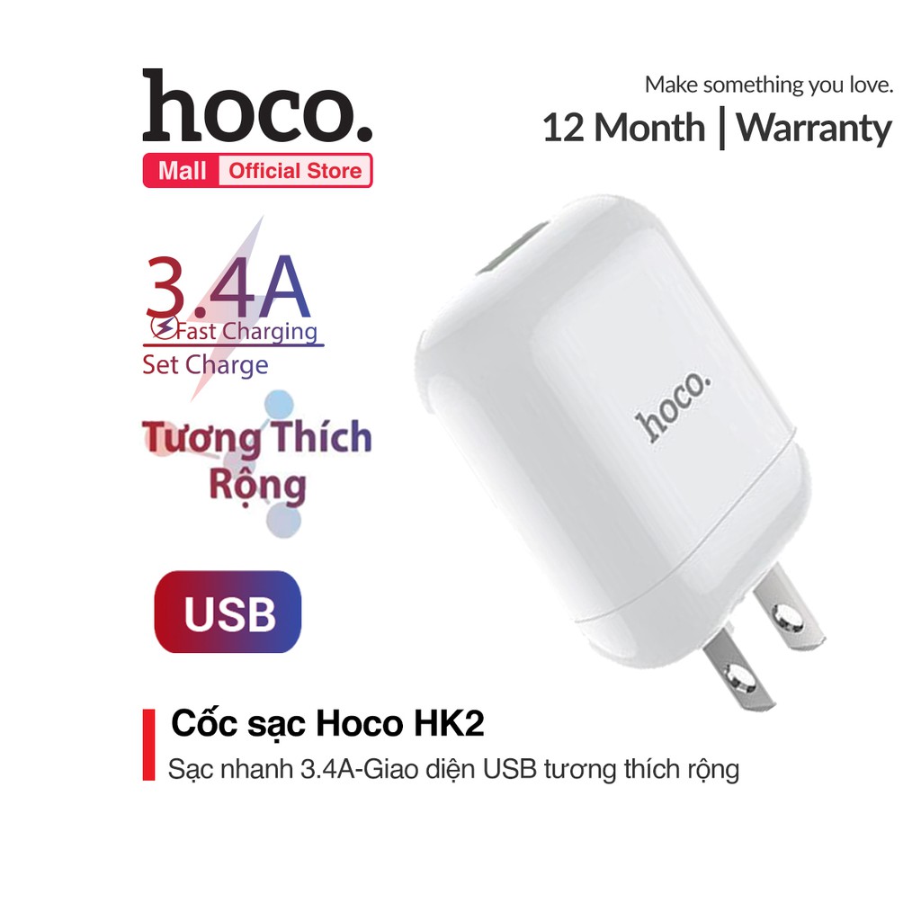 Củ sạc Hoco HK2 sạc nhanh 3.4A chân cắm dẹt hổ trợ cho nhiều thiết bị sạc qua cổng USB