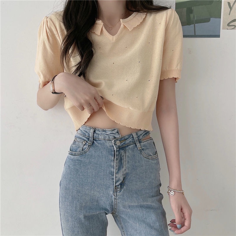 Áo Thun Dệt Kim Tay Phồng Cổ Chữ V Dáng Ôm Thời Trang Hàn Quốc Cho Nữ Áo phông Nữ NZ-TX-273