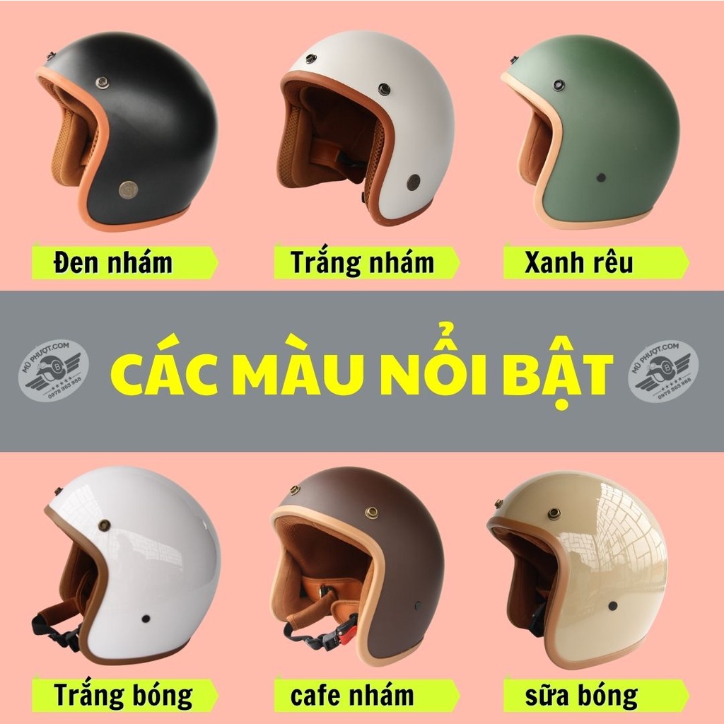 Mũ bảo hiểm 3/4 đầu viền nâu màu trơn đủ màu classic, lót màu cao cấp đi phượt