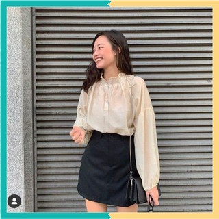 Set Chân Váy Đen Kèm Áo Sơ Mi Cổ Trụ Nữ Chất Vải Thoáng Mát