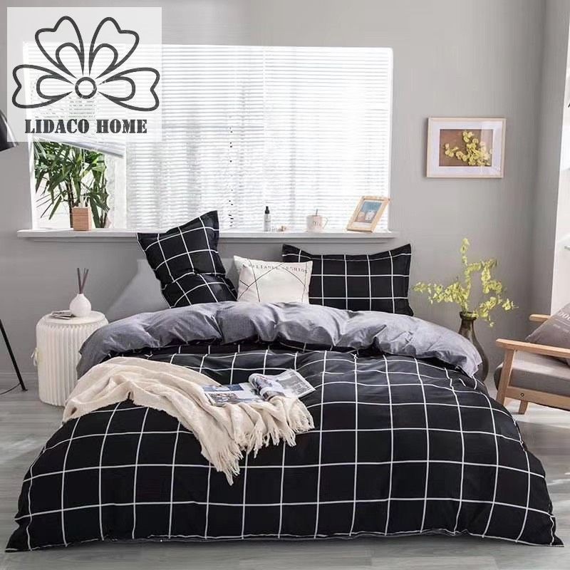 Bộ chăn ga gối cotton poly Lidaco decor phòng ngủ vintage - Caro Đen (SP000694)