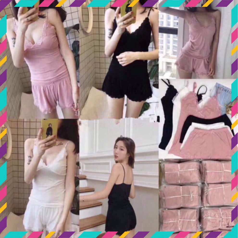 (sỉ lẻ)  Sét Bộ ngủ 2 dây viền ren sexy, bộ ngủ thun 2 dây túi zip quảng châu